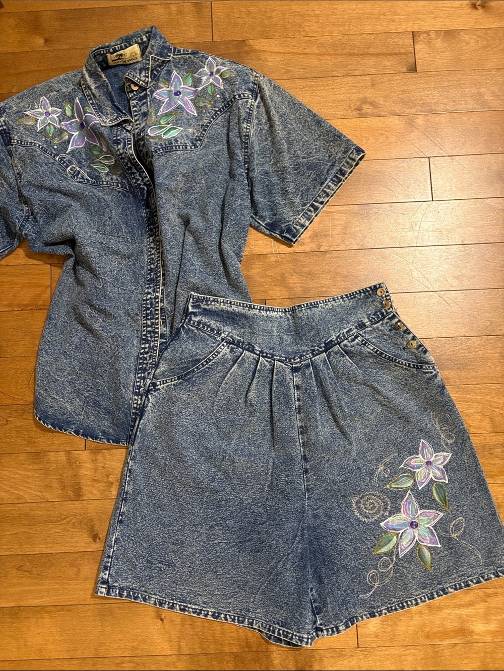 Vintage Blue Denim Jean Shorts with Floral Appliqué Set